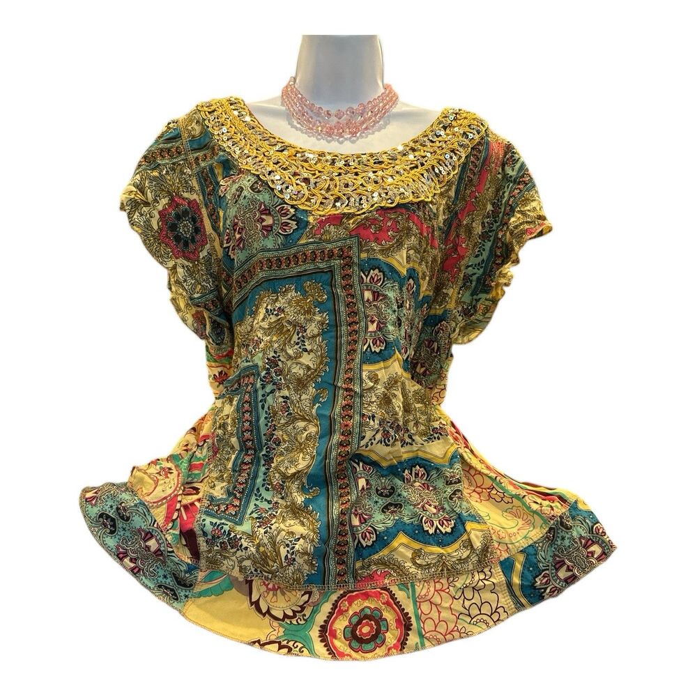 Y2K Floral Medium Yellow Tunic  Peasant Boho ‎ Embellished  Blouse Pullover